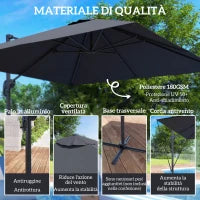 Ombrellone da Giardino 2.5x2.5 m a Braccio, Girevole a 360° con Manovella e Base a Croce, Grigio Scuro