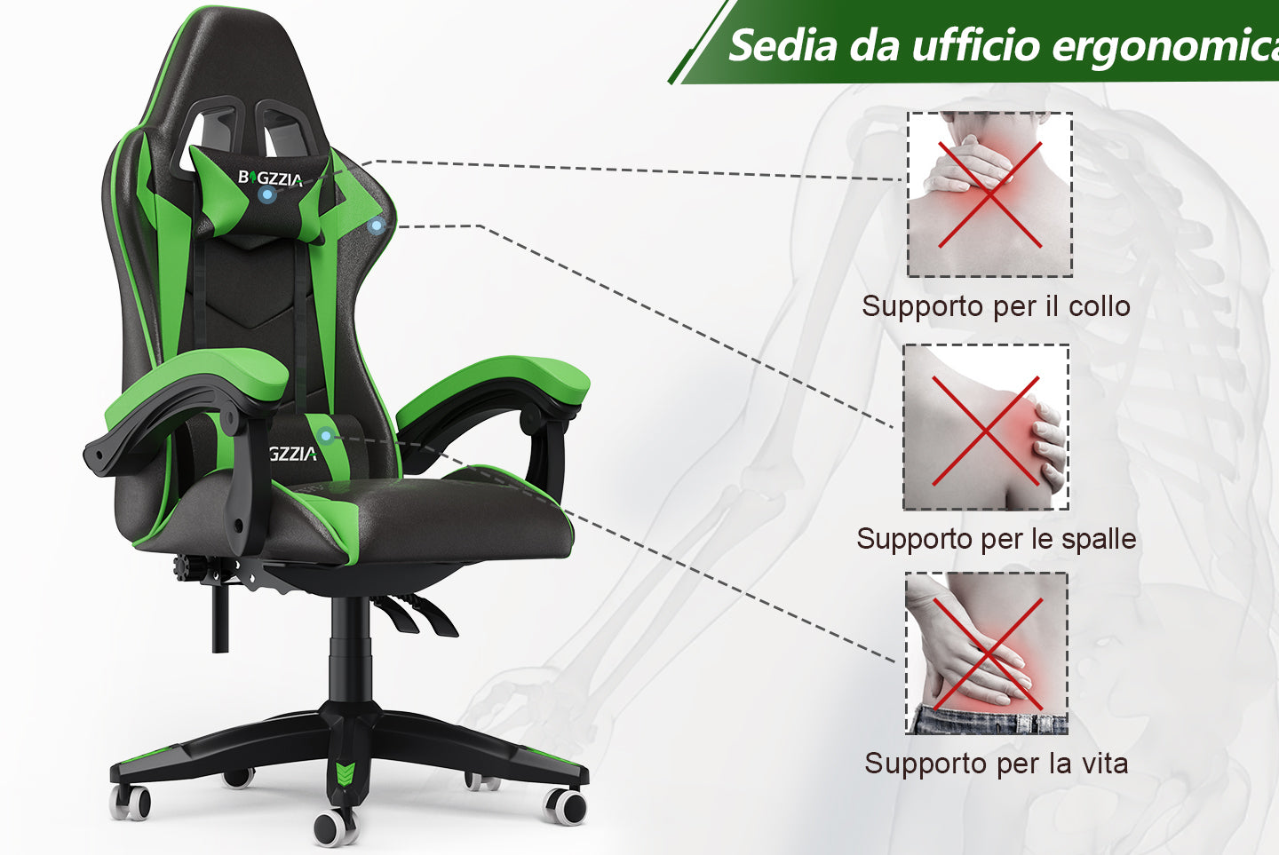 Sedia gaming ergonomica - RATTANTREE - con Supporto Lombare Sedia da Gioco in Pelle Pu con Altezza Regolabile - Vert