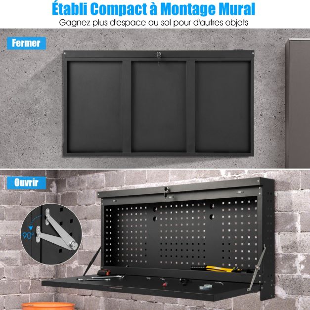 Tavolo da lavoro pieghevole sospeso a parete con pannello forato Organizer per attrezzi 2 in 1 con ampio ripiano 50 x 50 x 106 cm Portata 50 kg Nero 20_0005380