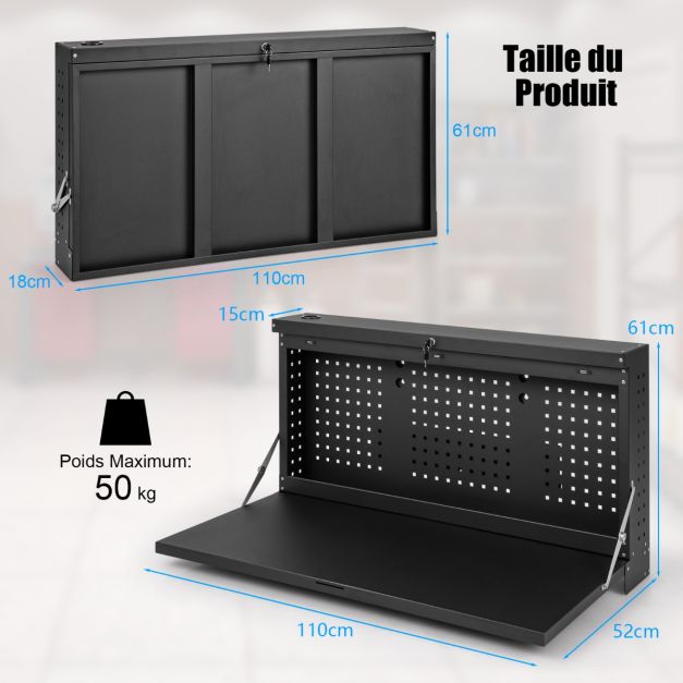 Tavolo da lavoro pieghevole sospeso a parete con pannello forato Organizer per attrezzi 2 in 1 con ampio ripiano 50 x 50 x 106 cm Portata 50 kg Nero 20_0005380