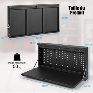 Tavolo da lavoro pieghevole sospeso a parete con pannello forato Organizer per attrezzi 2 in 1 con ampio ripiano 50 x 50 x 106 cm Portata 50 kg Nero 20_0005380