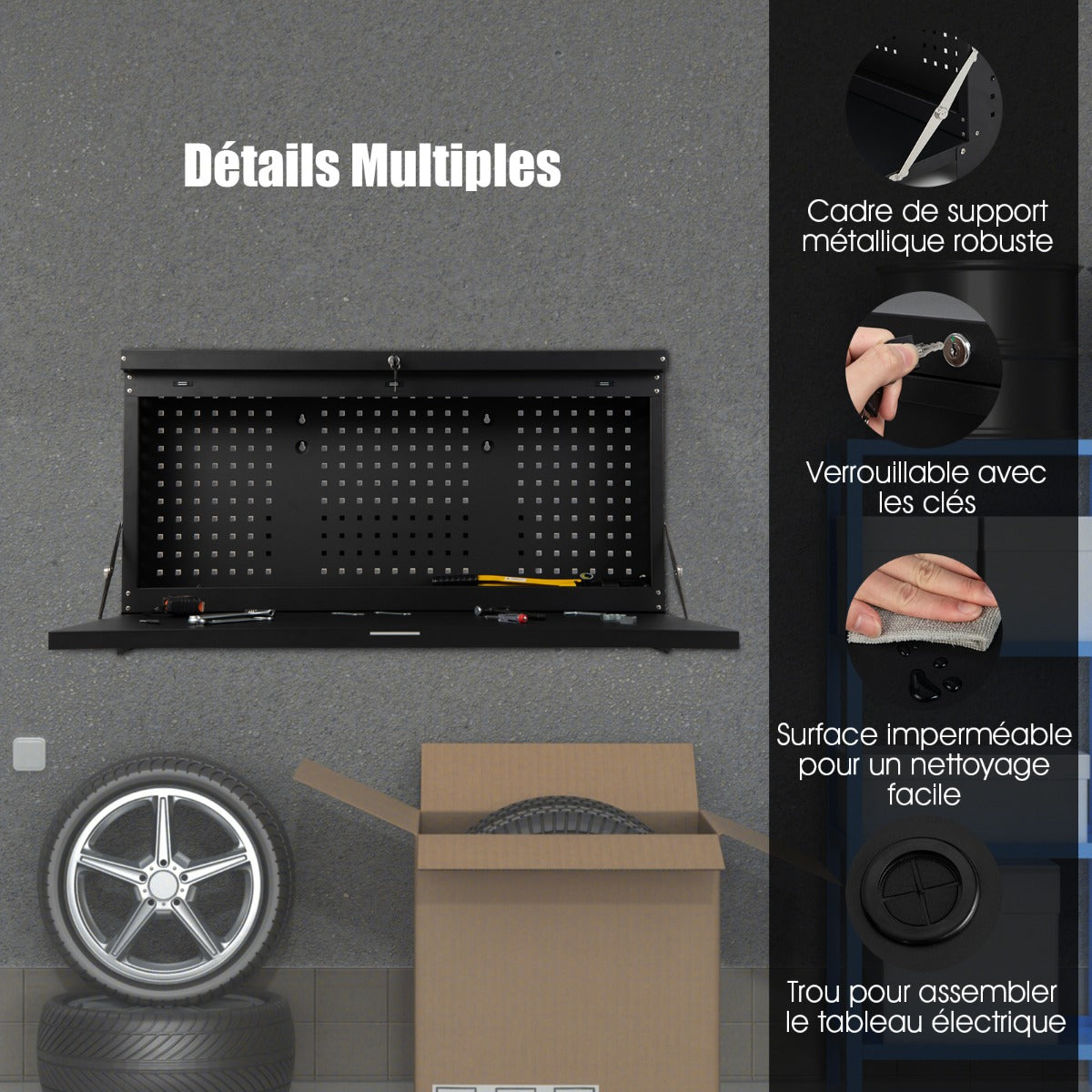 Tavolo da lavoro pieghevole sospeso a parete con pannello forato Organizer per attrezzi 2 in 1 con ampio ripiano 50 x 50 x 106 cm Portata 50 kg Nero 20_0005380