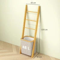 Mobile da Bagno in Bambù con Porta Asciugamani a 3 Barre e Cesto per Biancheria Sporca Rimovibile da 48 L, Crema