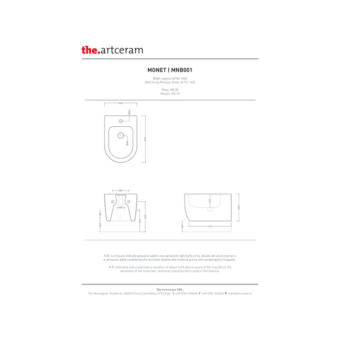 Coppia Di Sanitari Con Copriwater The ArtCeram Sospesi Senza Brida Bianco Lucido "Monet"