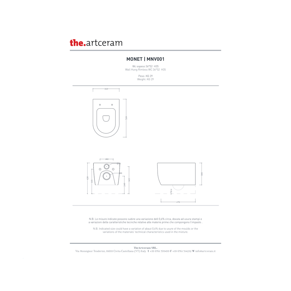 Coppia Di Sanitari Con Copriwater The ArtCeram Sospesi Senza Brida Bianco Lucido "Monet"