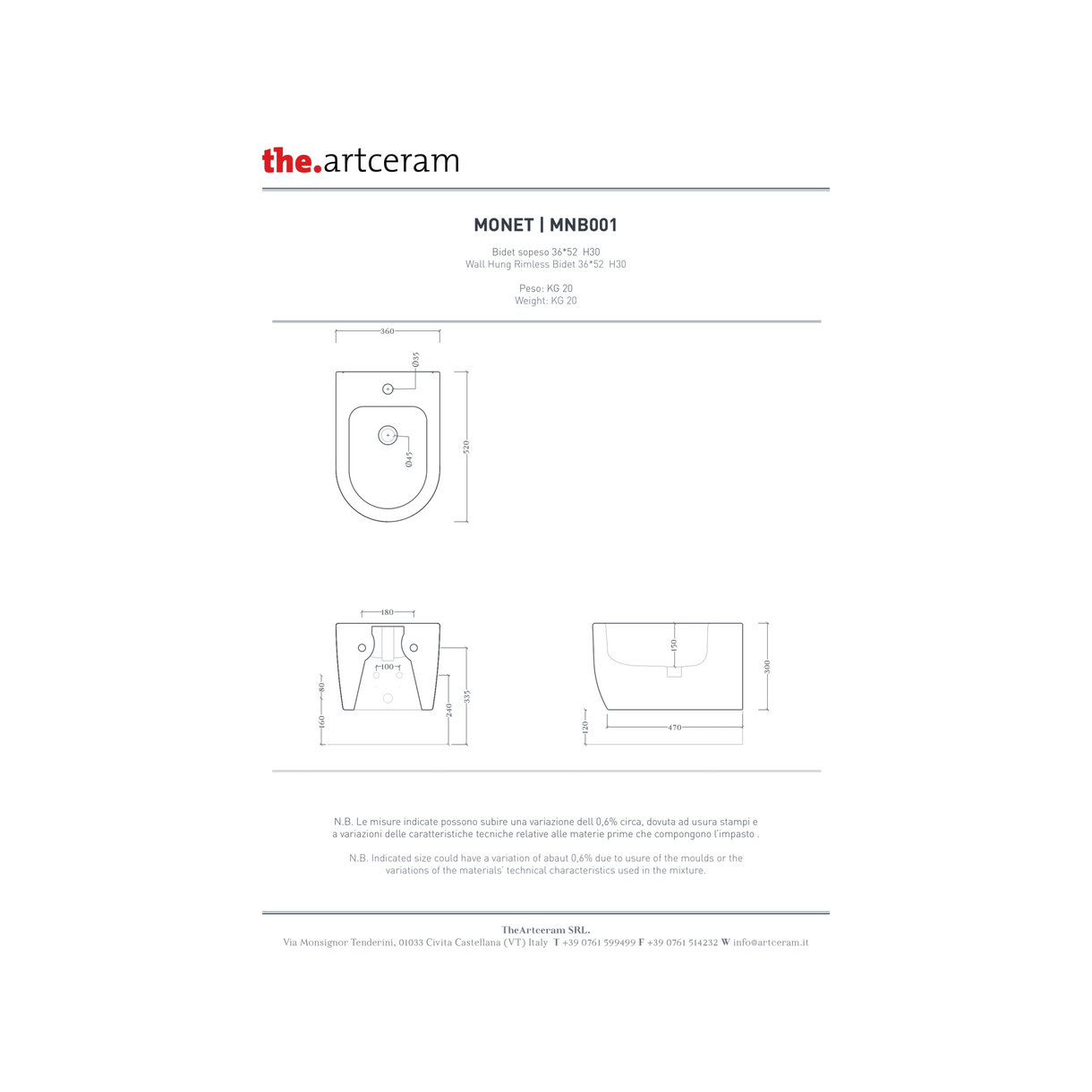 Coppia Di Sanitari The ArtCeram Sospesi Senza Brida Bianco Lucido "Monet"