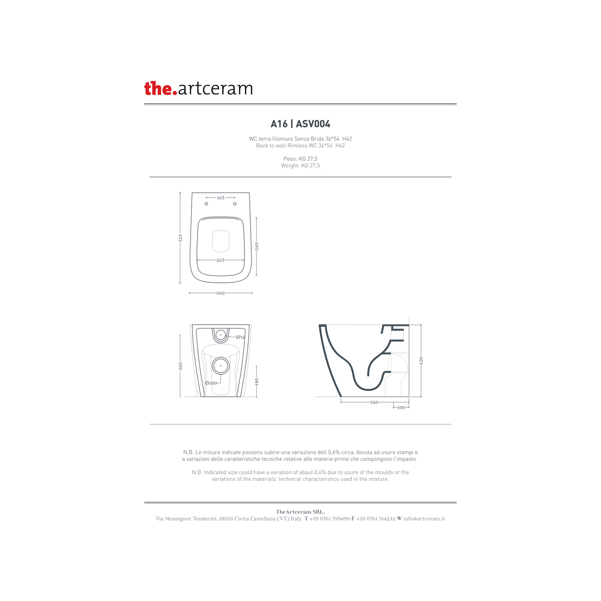Coppia Di Sanitari Con Copriwater The ArtCeram Da Terra Filo Muro Senza Brida Bianco Lucido "A16"