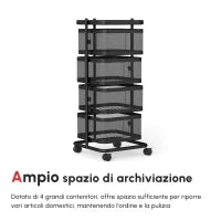 Carrello Portavivande con 4 Cestelli, Piano d'Appoggio e Ruote, in Acciaio e PP, 33x33x77 cm