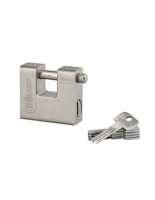 Lucchetto monoblocco rettangolare Thor, acciaio temprato, per serranda, arco in acciaio, 74mm, 5 chiavi reversibili - THIRARD