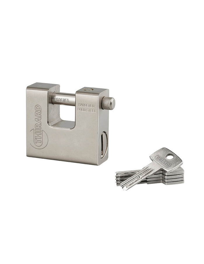 Lucchetto monoblocco rettangolare Thor, acciaio temprato, per serranda, arco in acciaio, 74mm, 5 chiavi reversibili - THIRARD
