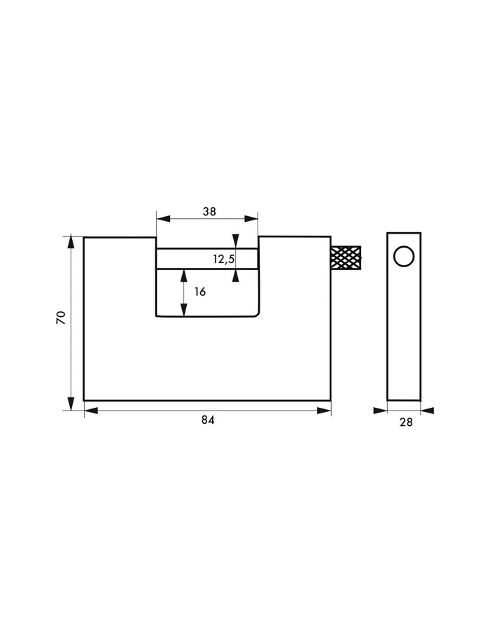 Lucchetto monoblocco rettangolare Thor, acciaio temprato, per serranda, arco in acciaio, 84mm, 5 chiavi reversibili - THIRARD