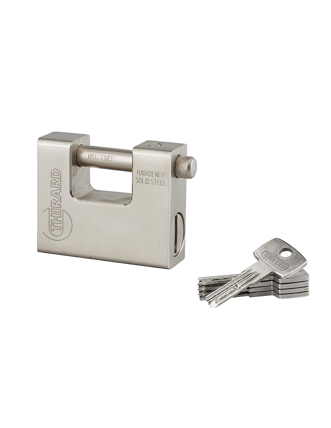 Lucchetto monoblocco rettangolare Thor, acciaio temprato, per serranda, arco in acciaio, 84mm, 5 chiavi reversibili - THIRARD