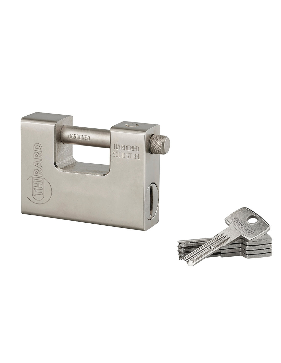 Lucchetto monoblocco rettangolare Thor, acciaio temprato, per serranda, arco in acciaio, 94mm, 5 chiavi reversibili - THIRARD