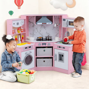 Cucina giocattolo per bambini in legno con luci e suoni realistici, Angolo cucina con cappa aspirante illuminata Rosa-Cucine giocattoli