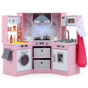 Cucina giocattolo per bambini in legno con luci e suoni realistici, Angolo cucina con cappa aspirante illuminata Rosa-Cucine giocattoli