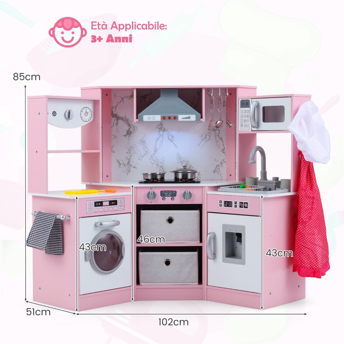Cucina giocattolo per bambini in legno con luci e suoni realistici, Angolo cucina con cappa aspirante illuminata Rosa-Cucine giocattoli