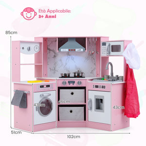 Cucina giocattolo per bambini in legno con luci e suoni realistici, Angolo cucina con cappa aspirante illuminata Rosa-Cucine giocattoli