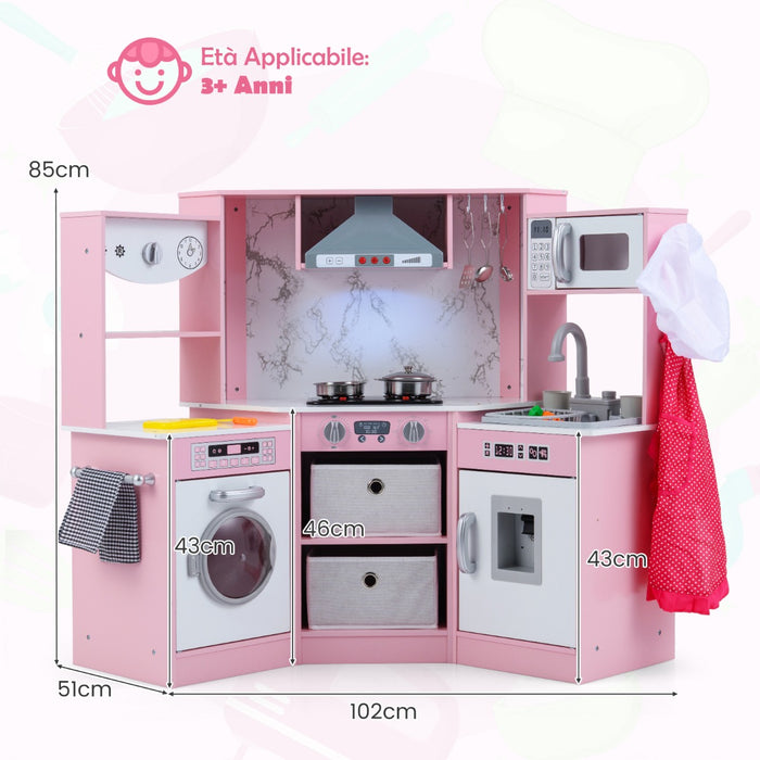 Cucina giocattolo per bambini in legno con luci e suoni realistici, Angolo cucina con cappa aspirante illuminata Rosa-Cucine giocattoli