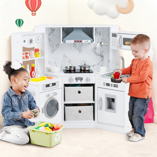 Cucina giocattolo per bambini in legno con luci e suoni realistici, Angolo cucina con cappa aspirante illuminata Bianco-Cucine giocattoli