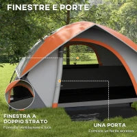 Tenda da Campeggio 2 Posti con Finestra a Rete e Gancio, in Poliestere, 210x150x110 cm, Grigio e Arancione