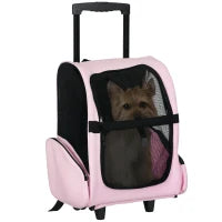 Trasportino Zaino 2 in 1 per Cani e Gatti con Tasche Laterali, Maniglia Telescopica e Ruote, 42x25x55cm, Rosa