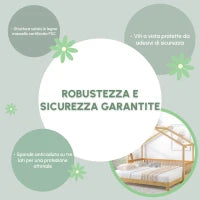 Letto a Casetta Espandibile con Ringhiera su Tre Lati, Letto per Cameretta, Letto Montessori, Senza Materasso, in Legno, 200x90 cm, Naturale
