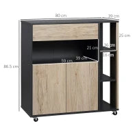 Carrello da Cucina Multiuso con Cassetto, Armadietto e Scaffale, 80x39x86.5cm, Legno e Nero