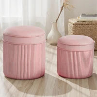 Set 2 Pouf Poggiapiedi Rotondi Impilabili e Imbottiti con Rivestimento in Velluto, Contenitore da 34.8L, Rosa