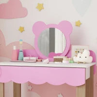 Set da Trucco con Sgabello per Bambine, Specchio da Trucco, Design Orsetto, Cassetto, MDF, Rosa