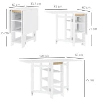 Tavolo Pieghevole Pranzo con 2 Ribalte e Ripiani Espandibile per 4 Persone, 120x60x75 cm, Bianco