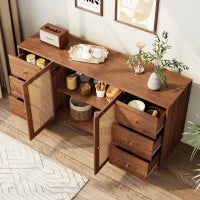 Credenza in rattan con cassetti per cucina e soggiorno, 160x40x90 cm, Marrone