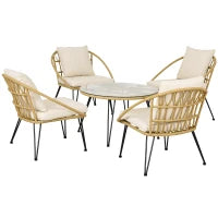 Set da Giardino 5 Pezzi in Rattan con Tavolo Rotondo Ø82x50 cm e 4 Sedie 72x72x75 cm con Cuscini