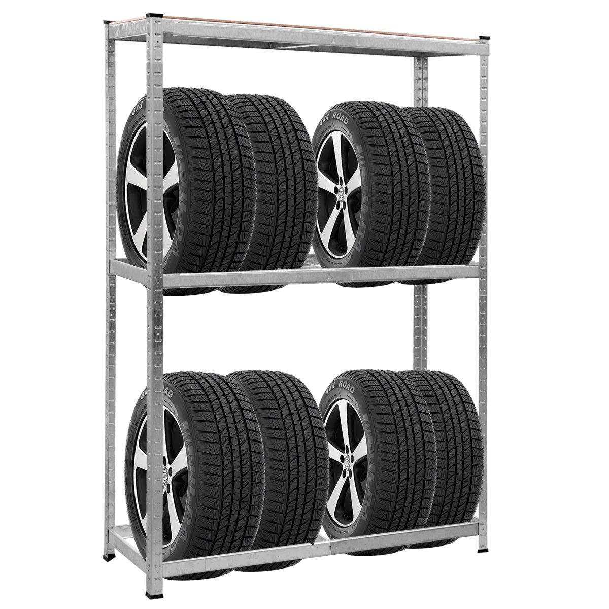 Scaffale per pneumatici in acciaio zincato, Scaffale portagomme a 3 ripiani per 8 gomme-Accessori per veicoli