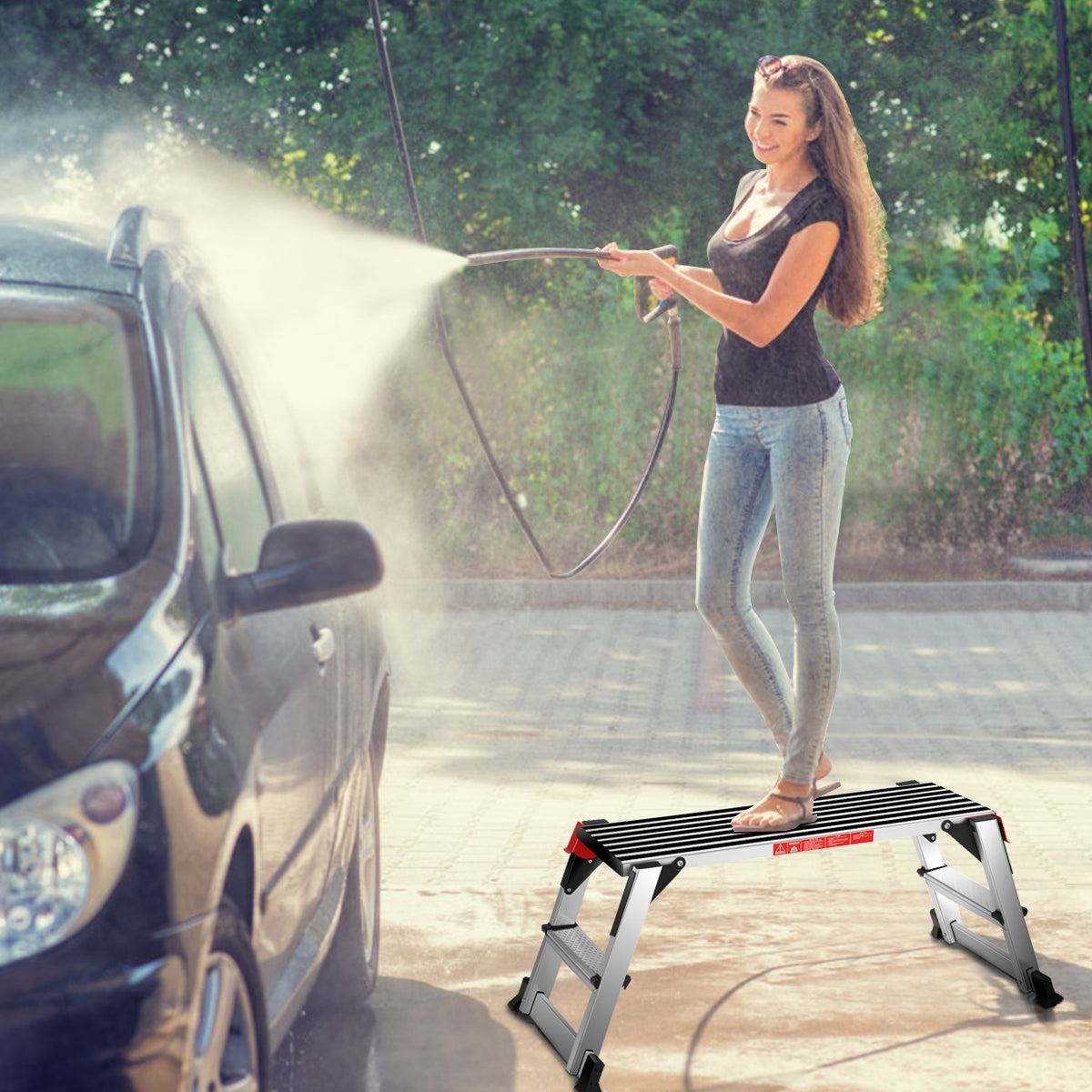 Scaletta pieghevole in alluminio da officina Gradino antiscivolo multiuso, 126x52,5x49,5cm-Scale e ponteggi