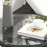 Tavolino da Giardino in Stile Boho in Rattan PE, Superficie in Vetro Temperato, 50x50x50 cm, Nero