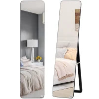 Specchio da Terra e da Parete con Struttura in Legno e Supporto Pieghevole, 37x43x156cm, Nero