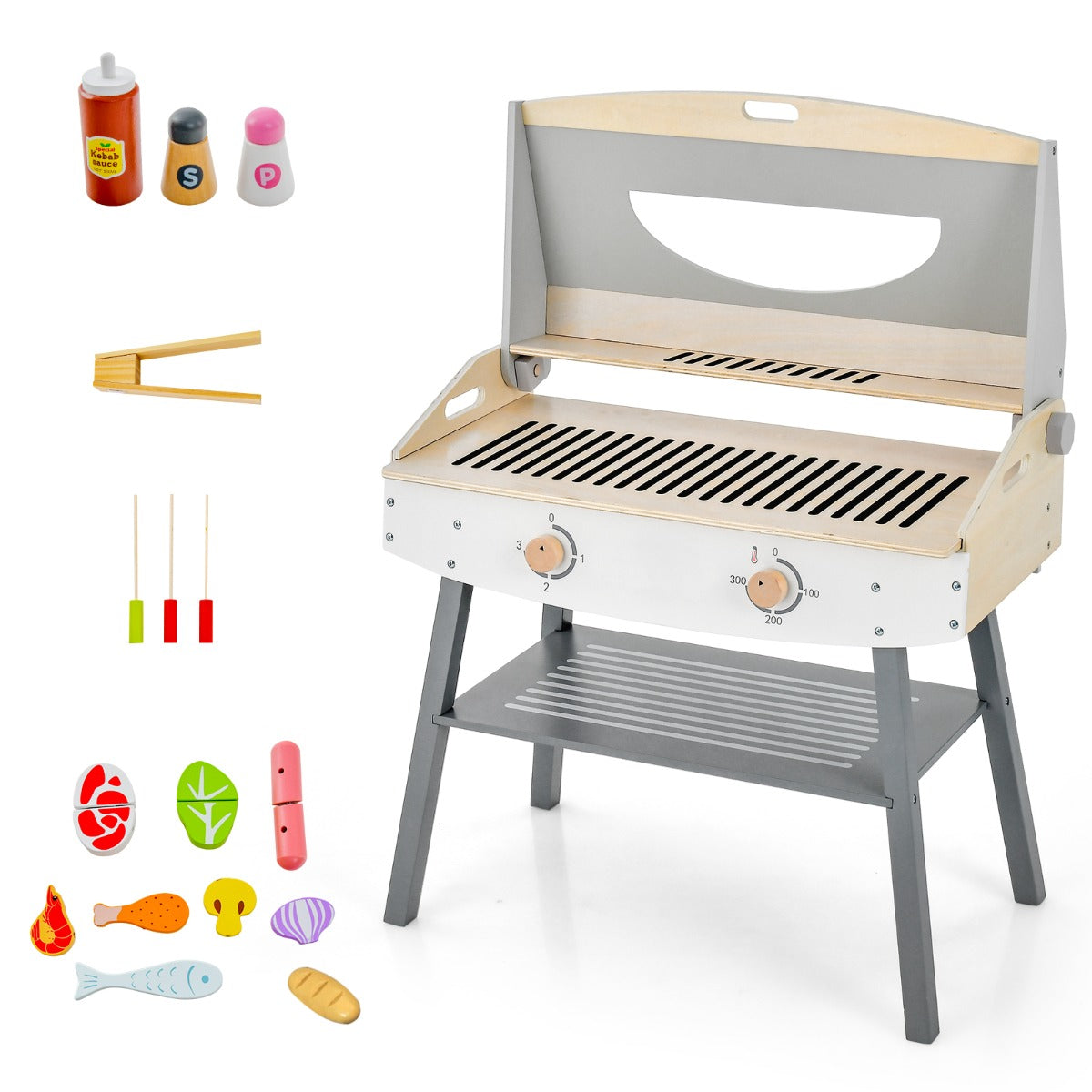 Barbecue giocattolo in legno per bambini 3 anni + 17 accessori coperchio ribaltabile suono realistico regali ideali 20_0005309