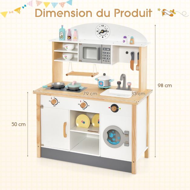 Cucina per bambini in legno con 17 accessori set da gioco con microonde e lavatrice spazio di archiviazione pulsanti e suono realistico per bambini dai 3 anni in su 20_0006459