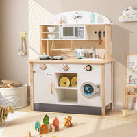 Cucina per bambini in legno con 17 accessori set da gioco con microonde e lavatrice spazio di archiviazione pulsanti e suono realistico per bambini dai 3 anni in su 20_0006459