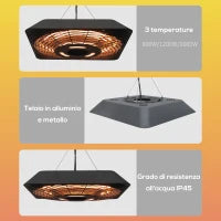 Lampada Riscaldante per Esterni con Luce, Potenza 800W/1200W/2000W e Telecomando, 45x45x10cm, Nero