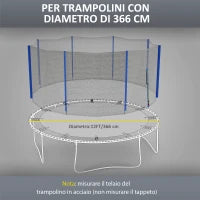 Rete di Protezione per Trampolini a 8 Pali con Ingresso con Cerniera, in PE, Ø366x180 cm, Nero e Blu