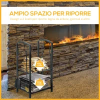 Portalegna da Interno ed Esterno in Metallo a 2 Ripiani, Porta Legna per Interni, Paletta, Scopa, Attizzatoio e Pinza, 40x30x74.5 cm, Nero