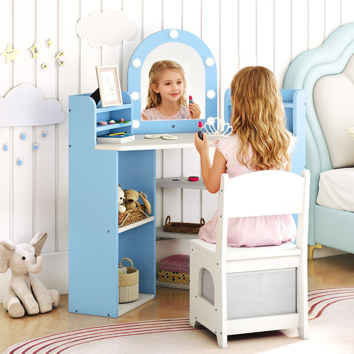 Tocador per bambini con luci set toeletta e sedia principessa con 3 mensole-Tocador per bambini con 5 scomparti aperti Blu