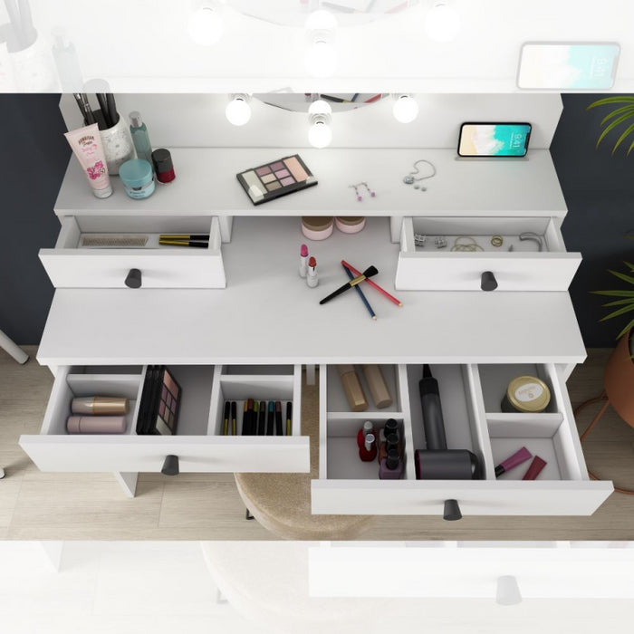 Toeletta con specchio a luci a led con doppio ripiano e 4 cassetti bianco