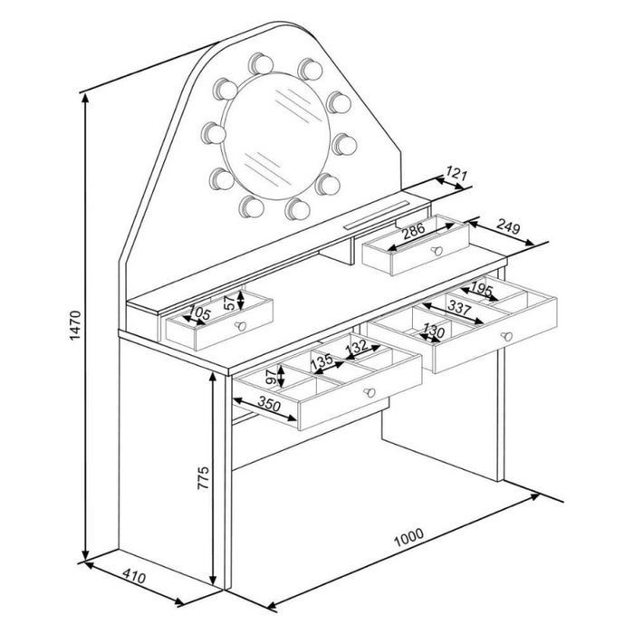 Toeletta con specchio a luci a led con doppio ripiano e 4 cassetti bianco