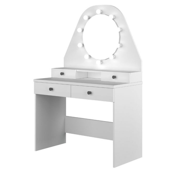 Toeletta con specchio a luci a led con doppio ripiano e 4 cassetti bianco