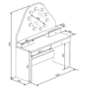 Toeletta con specchio a luci a led con doppio ripiano e 4 cassetti bianco