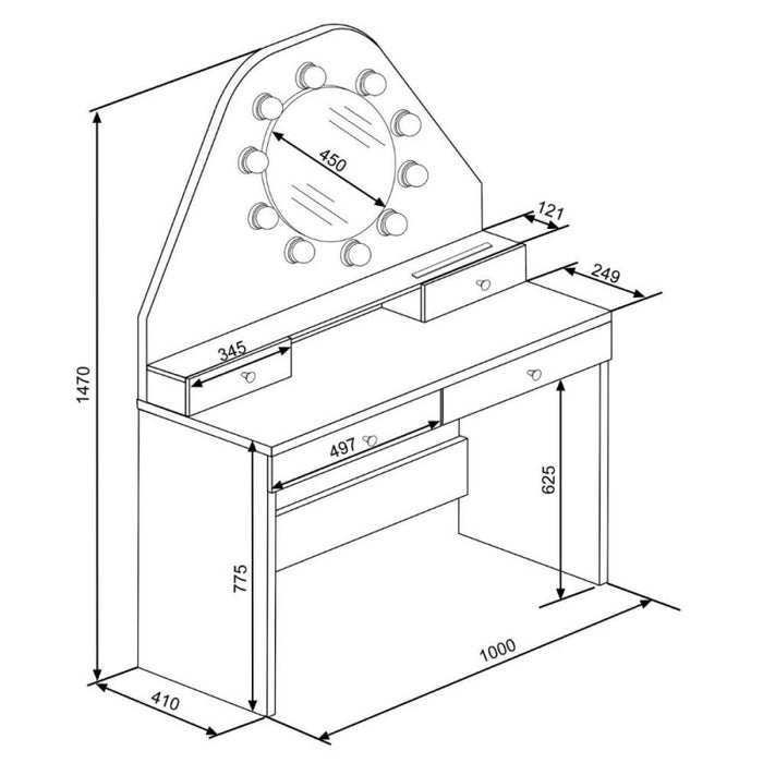 Toeletta con specchio a luci a led con doppio ripiano e 4 cassetti bianco