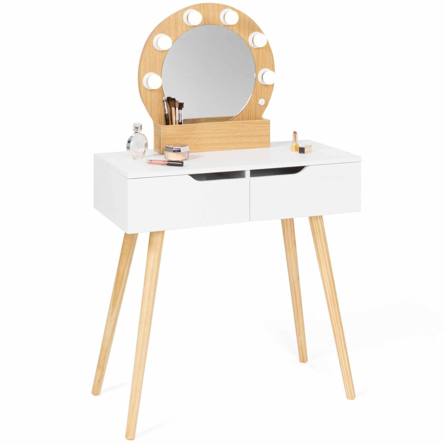 IDMarket - Toeletta con specchio e 2 cassetti scandinavo in legno e bianco con specchio HORIA
