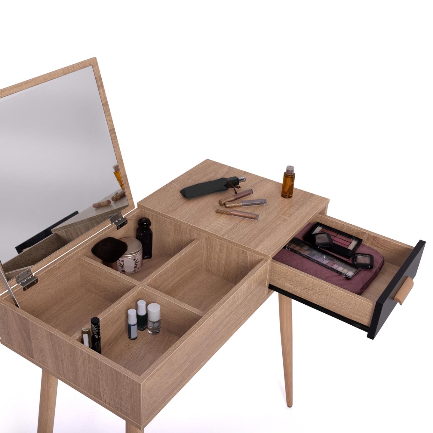 IDMarket - Toeletta con specchio pieghevole scandinavo faggio e nero LISA